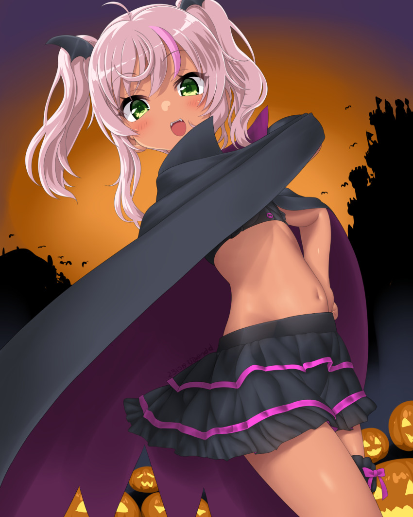 1girl bandeau black_bandeau black_cape blush cape comandante_cappellini_(halloween)_(kancolle) comandante_cappellini_(kancolle) dark-skinned_female dark_skin dd_(ijigendd) fangs flat_chest green_eyes halloween halloween_costume highres jack-o&#039;-lantern kantai_collection looking_at_viewer navel open_mouth pink_hair skirt smile solo twintails vampire_costume