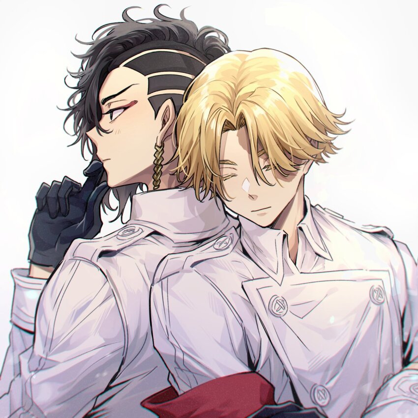 2boys armband asymmetrical_hair black_eyes black_gloves blonde_hair burn_scar closed_eyes closed_mouth collared_jacket earrings eyeshadow gloves hand_up highres inui_seishu jacket jewelry kokonoi_hajime long_sleeves makeup male_focus medium_hair multiple_boys nanin profile red_armband red_eyeshadow scar scar_on_face short_hair simple_background single_earring tokyo_revengers upper_body white_background white_jacket