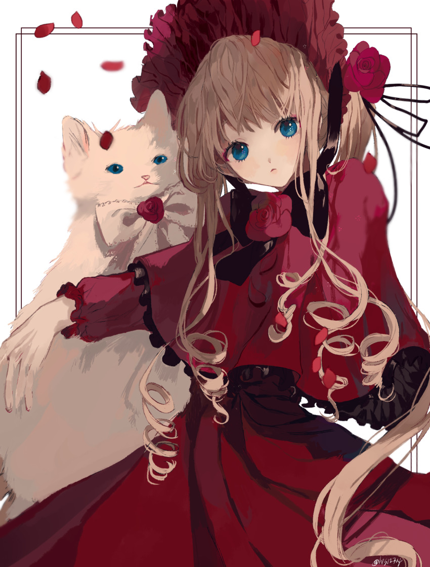 1girl blonde_hair blue_eyes bonnet cat dress frilled_bonnet frills highres looking_at_viewer red_bonnet red_dress rozen_maiden shinku solo twice12314 white_background