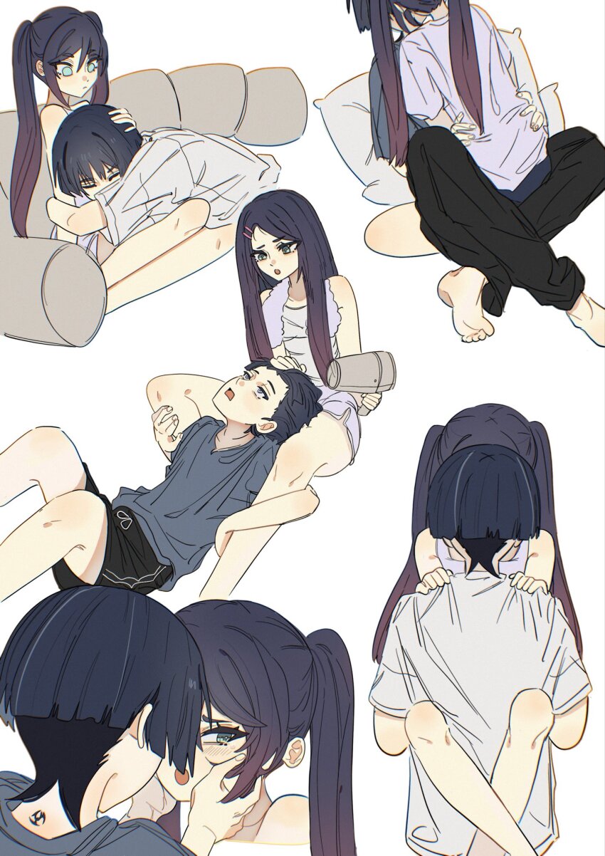 1boy 1girl alternate_costume alternate_hairstyle alternate_universe aqua_eyes arm_around_leg arm_around_waist averting_eyes barefoot black_hair black_pants black_shorts blunt_ends blush casual choppy_bangs closed_eyes closed_mouth contemporary couch couple crossed_legs dolphin_shorts drawstring electro_symbol_(genshin_impact) facing_down genshin_impact gradient_hair green_eyes grey_eyes grey_hair grey_shirt grey_sleeves hair_between_eyes hair_down hair_dryer hair_ornament hair_pulled_back hairclip hand_on_another&#039;s_head hand_on_another&#039;s_leg hands_on_another&#039;s_cheeks hands_on_another&#039;s_face hands_on_another&#039;s_hips hands_on_another&#039;s_shoulders head_between_thighs headpat hetero highres holding holding_hair_dryer hug_from_side implied_kiss leg_lock long_hair looking_at_another lying lying_on_person mitsudomoe_(shape) mona_(genshin_impact) multicolored_hair multiple_views on_couch on_stomach open_mouth pants parted_bangs pink_hair sanpaku scaramouche_(genshin_impact) shirt short_sleeves shorts sidelocks sitting sitting_between_lap sitting_on_person standing_leg_lock straddling streaked_hair tank_top toes tomoe_(symbol) tsurime twintails upright_straddle white_background white_shirt white_shorts white_sleeves white_tank_top white_trim yokozuwari ysnden