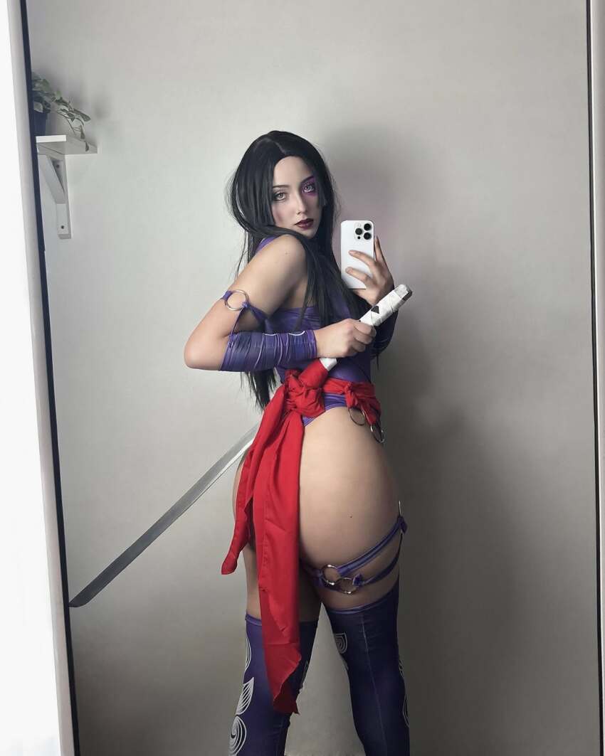1girl ass black_hair bouncing_ass cosplay curvy female_focus ghostidoll highleg highleg_leotard highres indoors leotard lying marvel marvel_rivals on_side psylocke psylocke_(cosplay) psylocke_(marvel_rivals) purple_leotard purple_thighhighs real_life revealing_clothes selfie smile solo thick_thighs thighhighs thighs thong_leotard wide_hips x-men