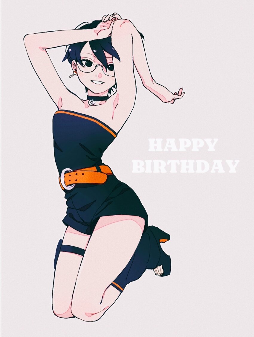 1girl armpits arms_up bare_shoulders belt black_choker black_eyes black_hair black_romper black_socks boruto:_two_blue_vortex breasts choker commentary_request earrings full_body glasses happy_birthday high_heels highres jewelry loose_socks naruto_(series) onka_(aun_ka28) orange_belt pouch romper short_hair small_breasts smile socks solo strapless_romper thigh_pouch uchiha_sarada