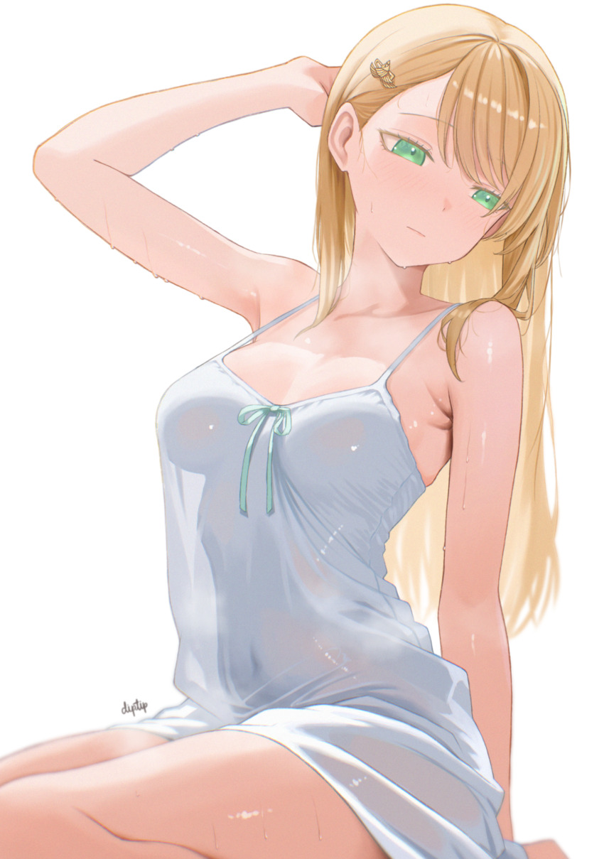 1girl absurdres arm_up armpit_crease averting_eyes bare_arms blonde_hair blush breasts cleavage closed_mouth commentary diptip dress green_eyes highres long_hair medium_breasts navel original see-through_silhouette simple_background sitting sleeveless sleeveless_dress solo white_background white_dress