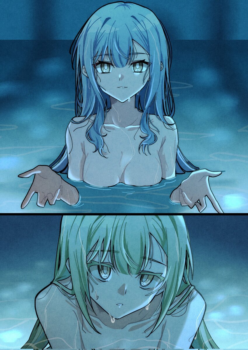 2girls bang_dream! bang_dream!_it&#039;s_mygo!!!!! blue_hair breasts chainsaw_man commentary green_hair hands_up hashtag-only_commentary highres i&#039;ll_teach_you_everything_(chainsaw_man) long_hair medium_breasts movie_reference multiple_girls nude parted_lips partially_submerged pokarii_zuu pool scene_reference togawa_sakiko wakaba_mutsumi wet yellow_eyes yuri