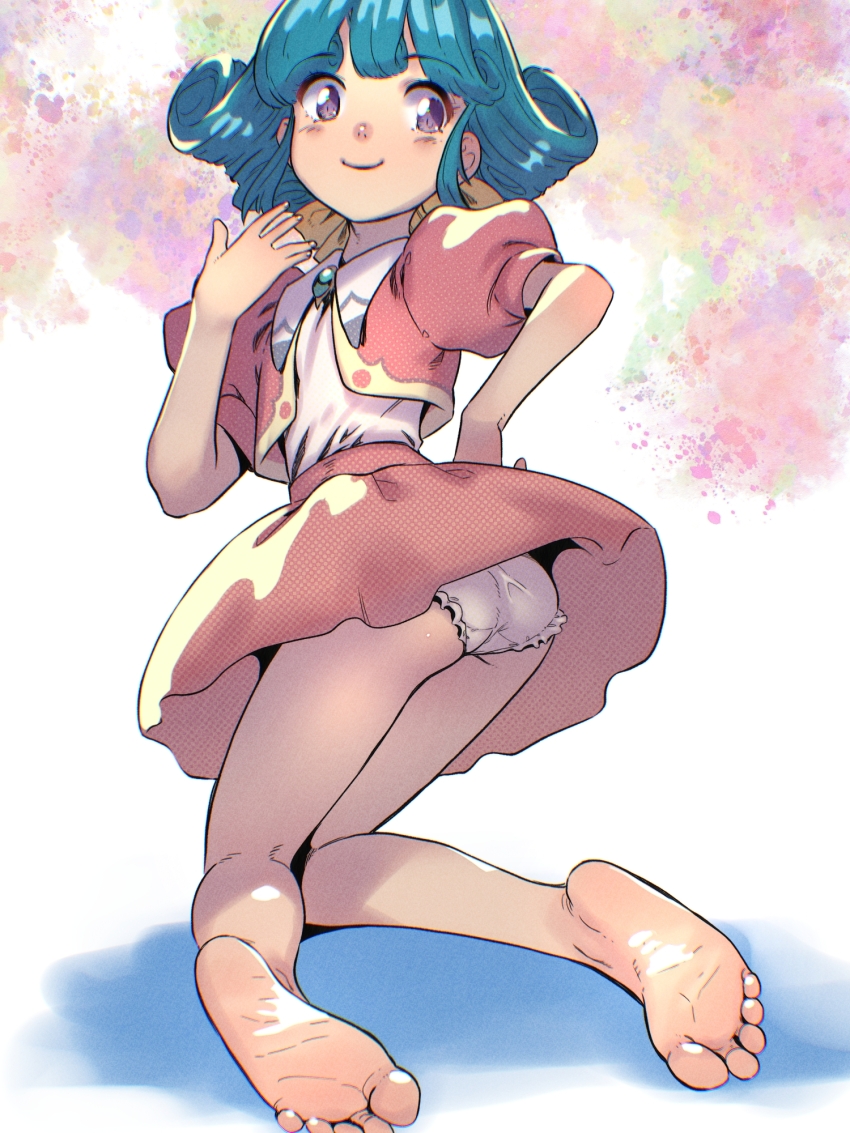 1girl bare_legs barefoot blue_hair closed_mouth feet female_focus from_behind gluteal_fold hair_ribbon hand_on_own_hip highres kneeling looking_at_viewer looking_back panties pink_skirt puffy_short_sleeves puffy_sleeves purple_eyes ribbon rolfee short_hair short_sleeves sidelocks skirt smile soles solo soon_(c-u-soon) thighs toes tonari_no_princess_rolfee underwear white_panties yellow_ribbon