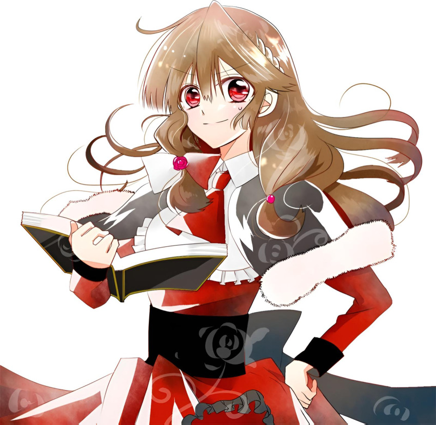 1girl book brown_hair dress happy highres long_hair looking_at_viewer magnolia_iana red_dress red_eyes school_uniform tensei_akujo_no_kuro_rekishi
