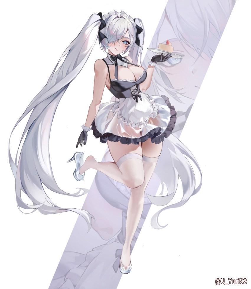 1girl absurdres alternate_costume black_gloves blue_eyes breasts cake cake_slice cinderella_(nikke) commentary dress english_commentary food full_body gloves goddess_of_victory:_nikke hair_over_one_eye high_heels highres holding holding_plate large_breasts long_hair looking_at_viewer maid maid_headdress plate smile solo standing twintails uyuri_(89976220) white_footwear white_hair