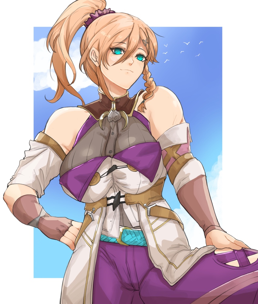 1girl absurdres bare_shoulders bird blonde_hair blue_eyes blue_sky braid breasts cloud commentary commission detached_sleeves double-parted_bangs english_commentary fingerless_gloves gloves hair_between_eyes hand_on_own_hip high_collar highres karja_balta large_breasts long_hair ponytail side_ponytail sierra117renner single_fingerless_glove sky smile solo ys ys_x:_nordics
