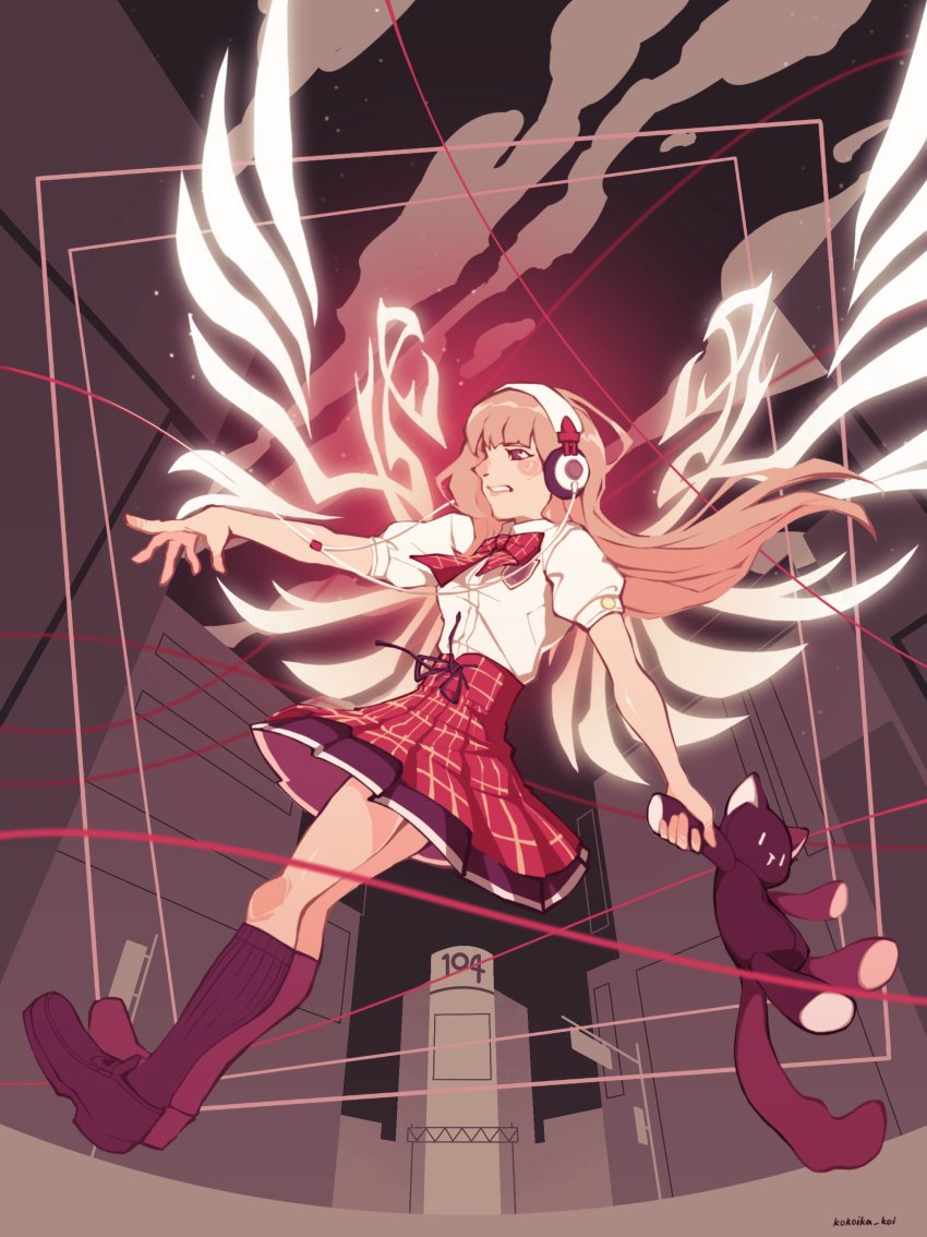 1girl absurdres black_footwear black_socks bow city female_focus full_body grey_hair headphones highres holding holding_stuffed_toy long_hair matsunae_tsugumi night night_sky nyantan plaid_bow plaid_clothes plaid_skirt red_bow red_skirt school_uniform shin_subarashiki_kono_sekai shirt shirt_tucked_in skirt sky socks solo stuffed_animal stuffed_cat stuffed_toy subarashiki_kono_sekai thread two-tone_skirt white_shirt white_wings wings
