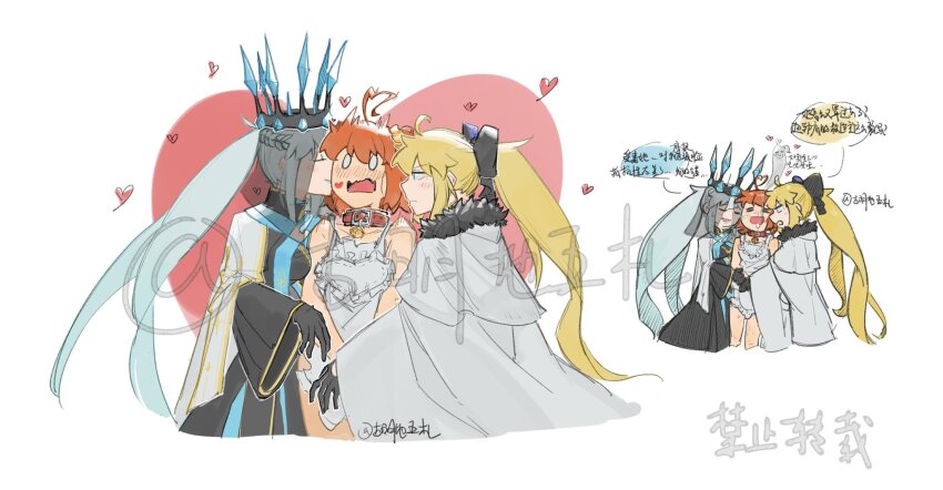 3girls aesc_(fate) aesc_(savior)_(fate) black_bow black_gloves blonde_hair blue_eyes blush bow closed_eyes crown dual_persona fate/grand_order fate_(series) fujimaru_ritsuka_(female) girl_sandwich gloves hair_between_eyes hair_bow highres kiss long_hair mogukong_1238 morgan_le_fay_(fate) morgan_le_fay_(queen_of_winter)_(fate) multiple_girls open_mouth orange_hair ponytail sandwiched simple_background smile veil white_hair yuri