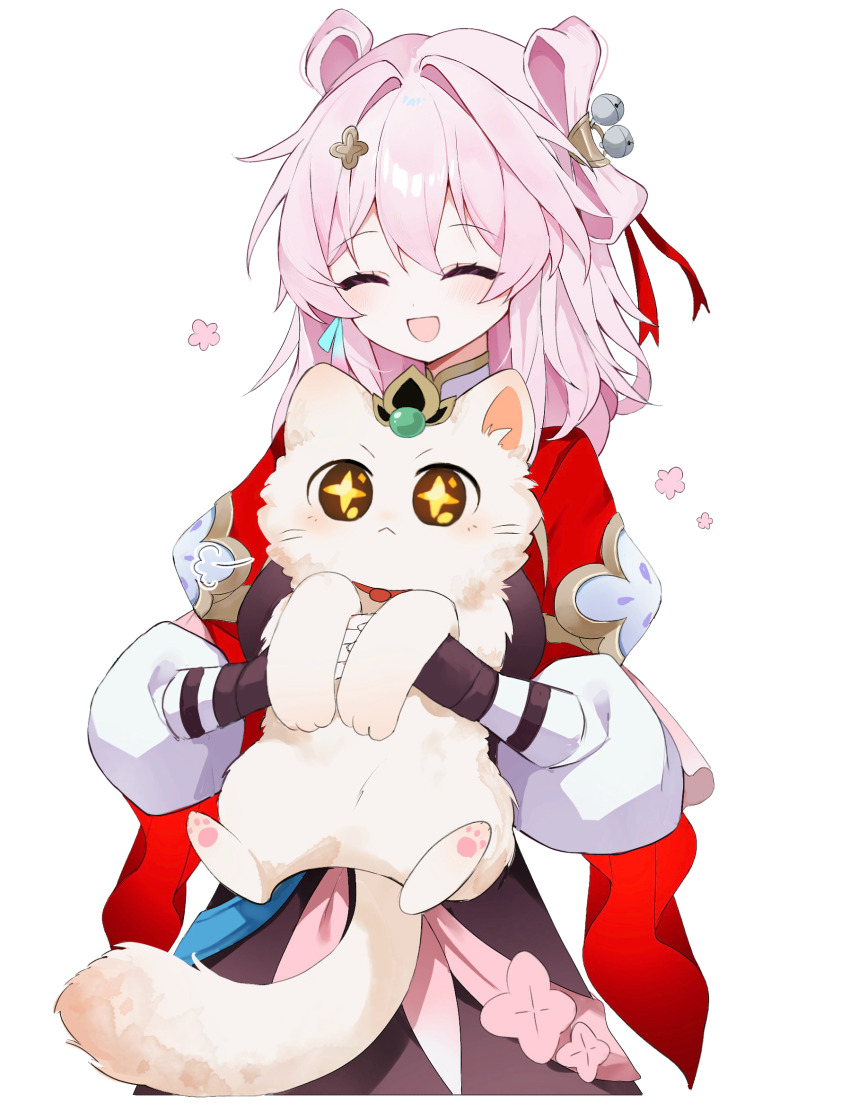 +_+ 1girl :&lt; animal aqua_ribbon bell cat chinese_commentary closed_eyes commentary_request dress earrings gloves gradient_ribbon hair_bell hair_intakes hair_ornament hair_ribbon hair_rings highres holding holding_animal holding_cat honkai:_star_rail honkai_(series) jacket jewelry long_hair march_7th_(honkai:_star_rail) march_7th_(hunt)_(honkai:_star_rail) nirako_mona open_mouth pink_hair pink_ribbon pink_sash pleading_eyes purple_dress purple_gloves red_jacket red_ribbon ribbon ribbon_earrings sash simple_background single_earring smile sparkling_eyes two-tone_ribbon white_background white_cat yunli_(honkai:_star_rail)