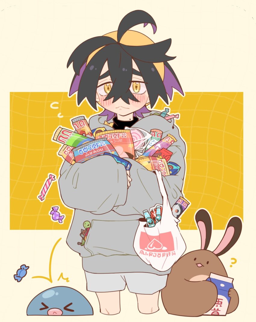 &gt;_&lt; 1boy :&lt; ? alternate_costume bag black_hair black_sweater blush bottle candy closed_eyes closed_mouth creatures_(company) cropped_legs flying_sweatdrops food game_freak gen_1_pokemon gen_2_pokemon grey_hoodie highres holding holding_candy holding_food hood hoodie kieran_(pokemon) lingye lollipop long_sleeves male_focus milk_carton mole mole_on_neck multicolored_hair nintendo plastic_bag pokemon pokemon_(creature) pokemon_sv poliwag purple_hair ramune sentret shorts simple_background sweater turtleneck turtleneck_sweater yellow_eyes