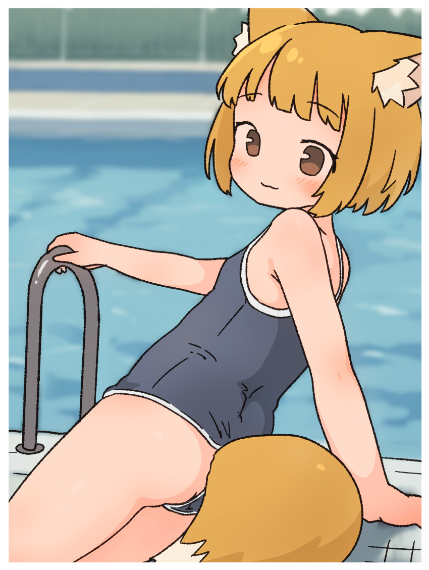 1girl :3 absurdres animal_ears arm_support ass black_one-piece_swimsuit black_school_swimsuit blonde_hair blush breasts brown_eyes fence fox_ears fox_girl fox_tail from_behind highres irohiza loli looking_at_viewer looking_back lying one-piece_swimsuit original pool poolside school_swimsuit short_hair small_breasts smile swimsuit tail tree water