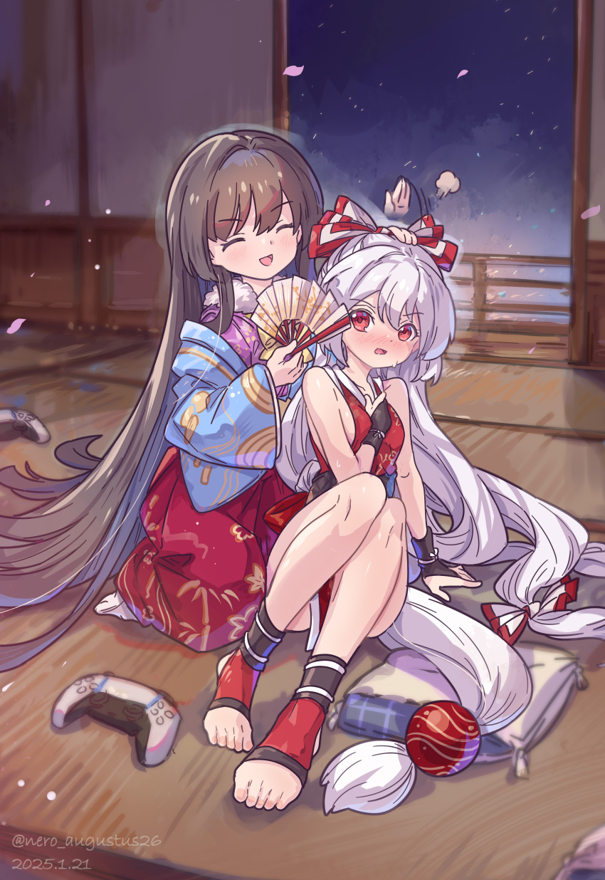2girls absurdres black_hair blush closed_eyes controller cosplay defeat embarrassed fujiwara_no_mokou game_controller hand_fan headpat highres houraisan_kaguya japanese_clothes kimono kneeling long_hair multiple_girls nero_augustus ofuda ofuda_on_head red_eyes red_kimono shiranui_mai shiranui_mai_(cosplay) short_kimono smile stirrup_footwear tatami touhou very_long_hair white_hair