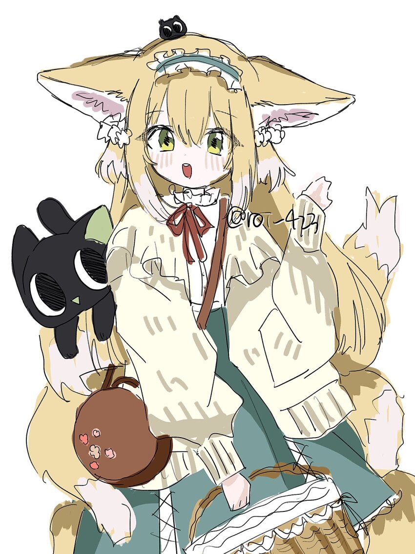 1girl animal_ears arknights basket black_cat blonde_hair cardigan cat crossover fox_ears fox_girl fox_tail frilled_hairband frills green_eyes hairband highres holding holding_basket kitsune kyuubi long_sleeves luo_xiaohei luo_xiaohei_(cat) luo_xiaohei_zhanji multiple_tails neck_ribbon official_alternate_costume open_mouth red_ribbon ribbon roi_423 simple_background sketch skirt suzuran_(arknights) suzuran_(spring_praise)_(arknights) tail white_background yellow_cardigan