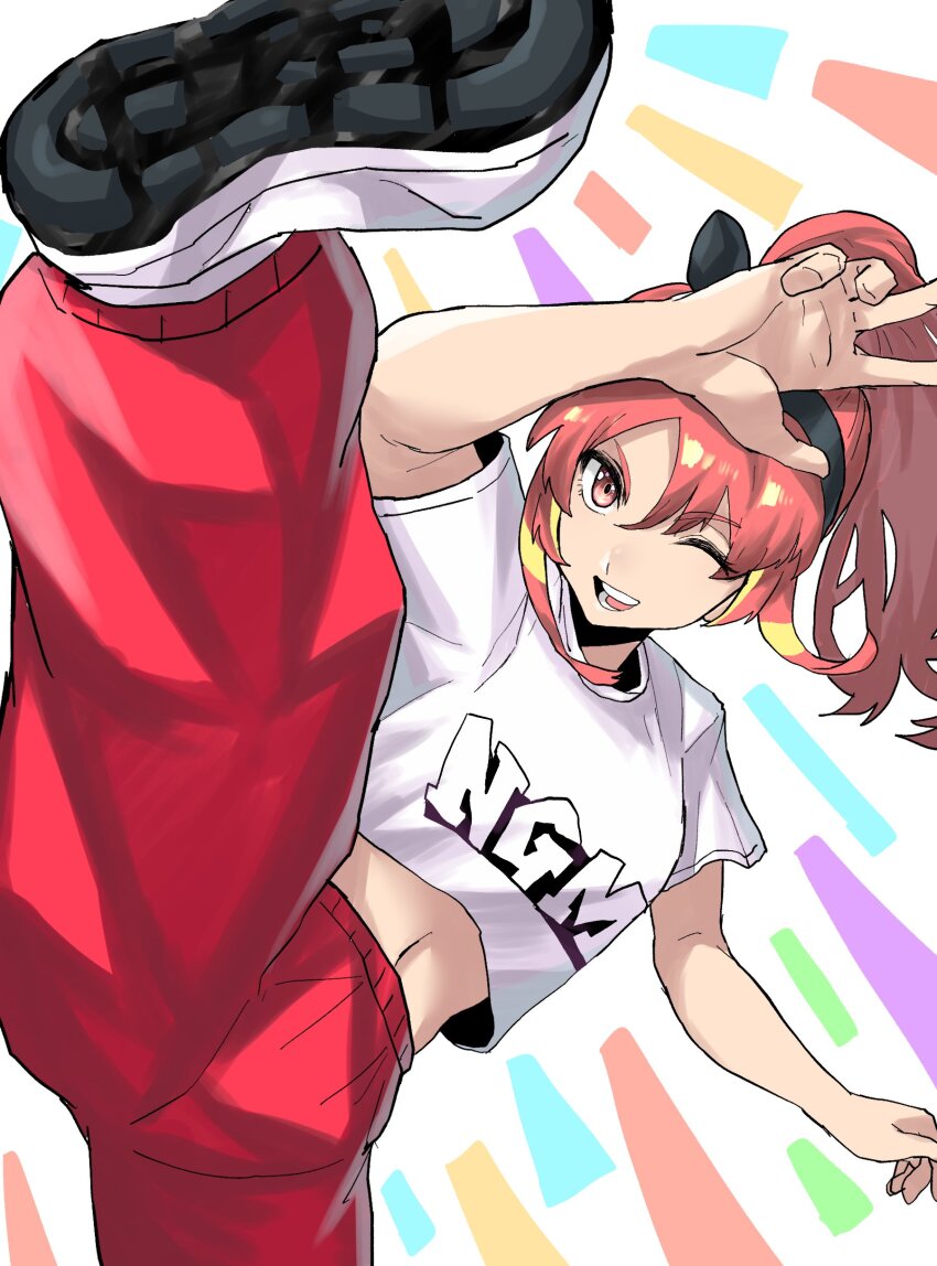 1girl absurdres chikoinochi dutch_angle half-closed_eye highres inazuma_eleven_(series) inazuma_eleven_victory_road midriff multicolored_hair navel open_mouth pants pink_eyes pink_hair ponytail shinohara_raika shirt shoes solo standing standing_on_one_leg streaked_hair