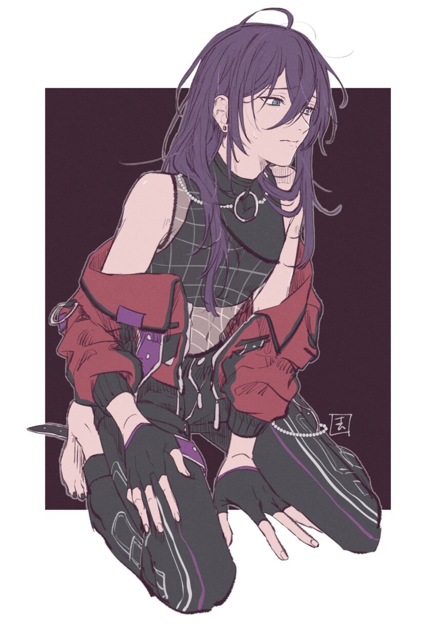 1boy ahoge aqua_eyes ayase_mayoi black_gloves black_pants black_shirt border crop_top ensemble_stars! facing_to_the_side fingerless_gloves gg_br_5ri gloves grey_border highres jacket jacket_partially_removed long_hair looking_ahead male_focus official_alternate_hairstyle pants purple_hair red_background red_jacket shirt solo