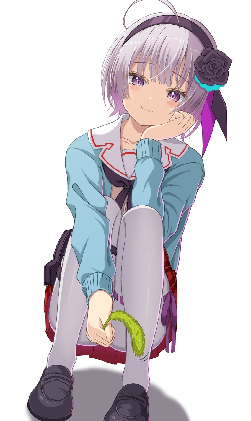 1girl :3 ahoge black_flower black_hairband black_neckerchief black_rose black_shoes blush cardigan cat_teaser closed_mouth collarbone commentary_request flower green_cardigan grey_hair hairband head_rest heaven_burns_red highres holding_cat_teaser loafers long_sleeves looking_at_viewer minase_sumomo mochimugi_rice neckerchief pantyhose purple_eyes red_skirt rose sailor_collar school_uniform shadow shoes short_hair skirt solo squatting white_background white_pantyhose white_sailor_collar