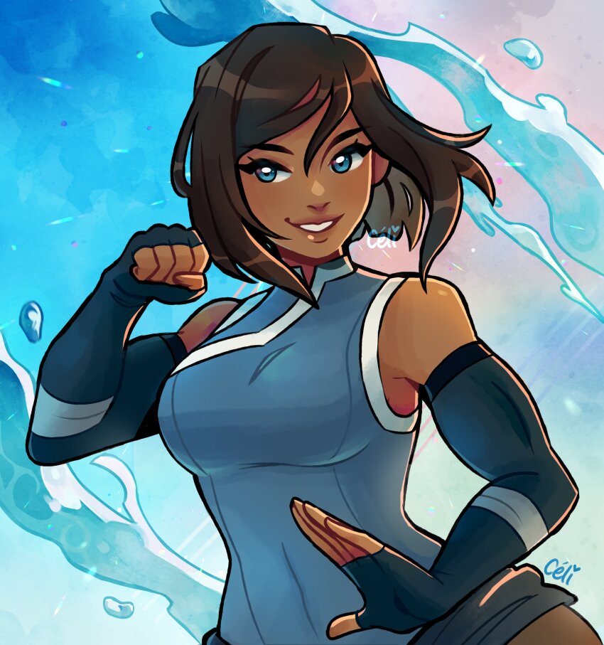 1girl absurdres avatar_legends bare_shoulders black_gloves blue_eyes blush breasts brown_hair commentary dark-skinned_female dark_skin elbow_gloves english_commentary eyelashes fingerless_gloves gloves hand_up highres korra lips looking_at_viewer medium_breasts pianta_celi shirt short_hair signature sleeveless sleeveless_shirt smile solo teeth the_legend_of_korra upper_body water