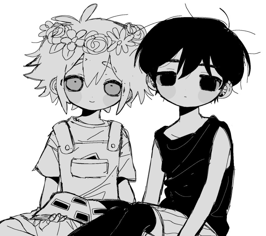2boys antenna_hair basil_(headspace)_(omori) basil_(omori) blush closed_mouth expressionless flower greyscale head_wreath highres kobanzame_omo looking_at_viewer male_focus monochrome multiple_boys omori omori_(omori) overall_shorts overalls photo_(object) scrapbook short_hair shorts smile striped_clothes striped_shorts tank_top thighhighs vertical-striped_clothes vertical-striped_shorts