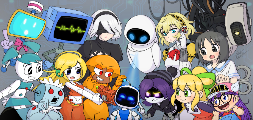 2b_(nier:automata) aigis_(persona) android antenna astro_bot astro_bot_(series) baseball_cap black_eyes black_hair blonde_hair blue_eyes blue_footwear blue_hair blue_neckerchief blue_overalls blue_shirt blue_skirt boots chris-thekid clothes_writing computer crop_top crossover curly_brace dark_skin denim disney doukutsu_monogatari dr._slump dress energy_gun eve_(wall-e) glados green_ribbon grin gun hair_ribbon hat headset highres holding holding_gun holding_weapon jenny_wakeman karen_(spongebob) karen_plankton long_hair long_sleeves mega_man_(series) midriff monita_(nintendo_land) murder_drones my_life_as_a_teenage_robot navel neckerchief nichijou nickelodeon nier:automata nier_(series) nintendo_land norimaki_arale ok_k.o.!_let&#039;s_be_heroes open_mouth overalls pants persona persona_3 pink_hat pixar ponytail portal_(series) ray_gun red_dress red_eyes red_pants red_shirt ribbon robot robot_girl roll_(mega_man) rosie_(the_jetsons) school_uniform shannon_(ok_k.o.!) shinonome_nano shirt short_hair short_sleeves skirt smile sony spongebob_squarepants_(series) tank_top teeth the_jetsons trait_connection twintails uzi_(murder_drones) wall-e_(character) weapon white_shirt winding_key winged_hat