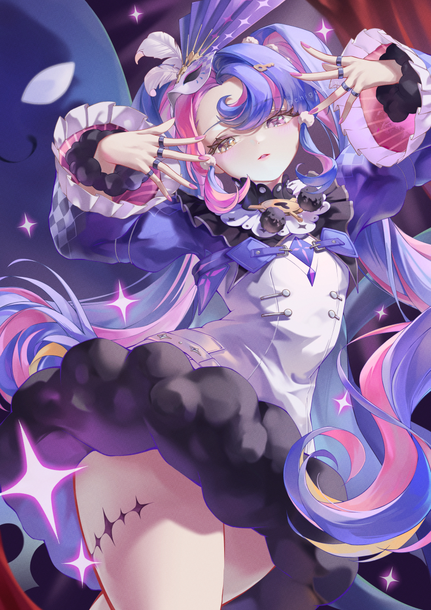 1girl absurdres black_collar chigusa7h collar commentary cowboy_shot dress eye_mask fur-trimmed_dress fur_trim hands_up heterochromia highres key_hair_ornament long_hair looking_at_viewer mask mask_on_head multicolored_hair nail_polish parted_lips pero_(wuthering_waves) pink_eyes pink_hair pink_nails purple_hair purple_shrug roccia_(wuthering_waves) short_dress solo symbol-shaped_pupils tacet_mark_(wuthering_waves) two-tone_hair very_long_hair white_dress wuthering_waves x-shaped_pupils yellow_eyes