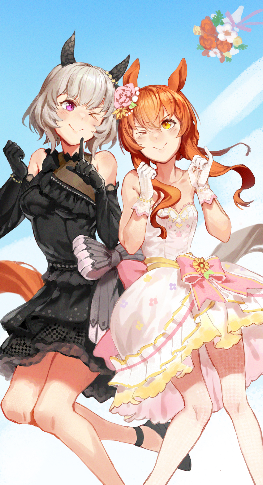 2girls absurdres animal_ears bare_shoulders black_dress black_gloves blue_sky bouquet bow breasts cloud cloudy_sky codename47 commentary_request curren_chan_(sakutsuki_ma_cherie)_(umamusume) curren_chan_(umamusume) dress ear_covers ear_ornament elbow_gloves feet_out_of_frame flower foot_out_of_frame frilled_dress frills gloves grey_hair highres horse_ears horse_girl horse_tail mayano_top_gun_(sunlight_bouquet)_(umamusume) mayano_top_gun_(umamusume) medium_breasts medium_hair multiple_girls official_alternate_costume official_alternate_hairstyle orange_eyes orange_hair outdoors pink_bow pink_eyes pointing pointing_up short_hair sky sleeveless sleeveless_dress small_breasts smile strapless strapless_dress tail umamusume wedding_dress white_dress white_gloves