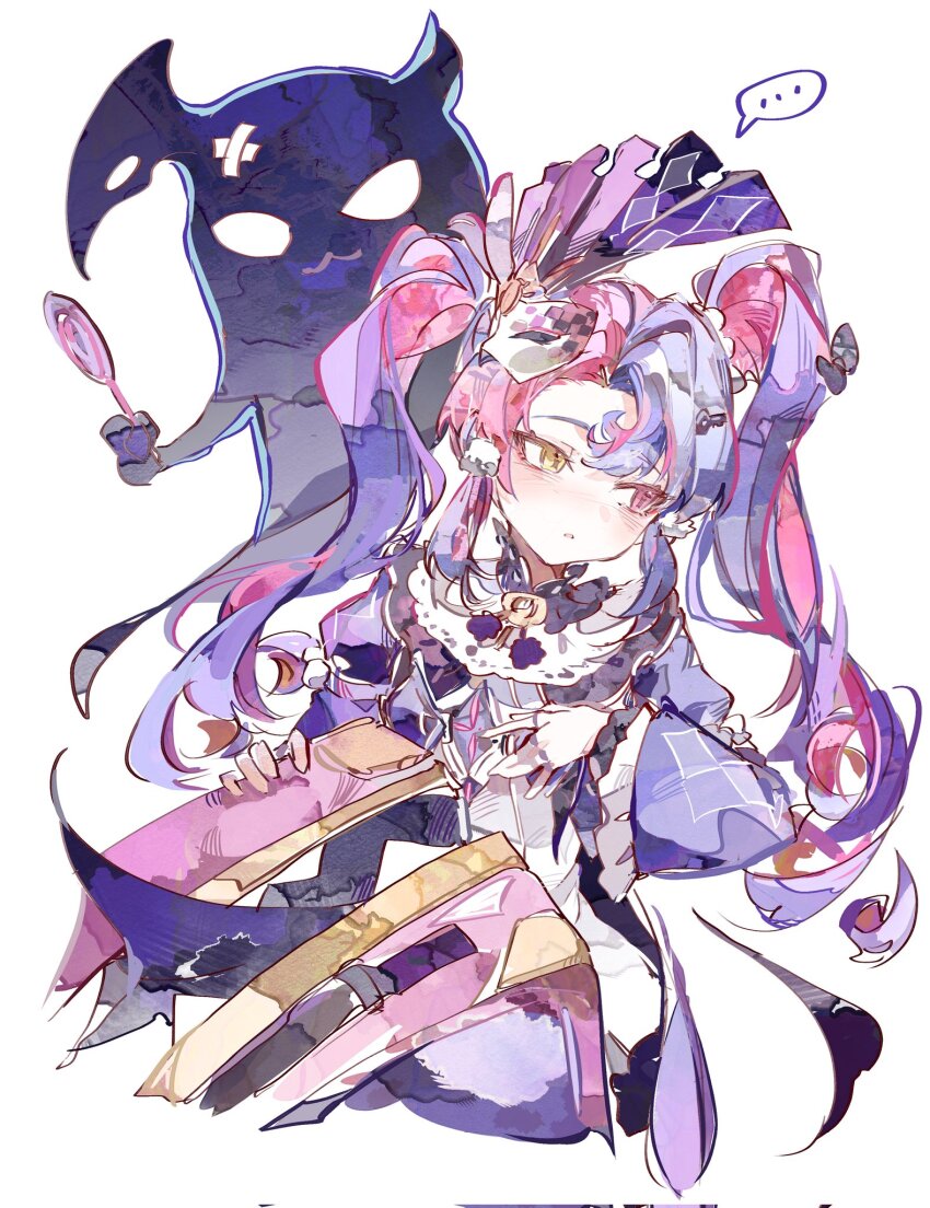 ... 1girl black_collar cocoballking collar commentary corrupted_twitter_file eye_mask heterochromia highres light_blush long_hair looking_to_the_side mask mask_on_head multicolored_hair parted_lips pero_(wuthering_waves) pink_eyes pink_hair purple_hair roccia_(wuthering_waves) solo spoken_ellipsis suitcase symbol-only_commentary twintails two-tone_hair wuthering_waves yellow_eyes