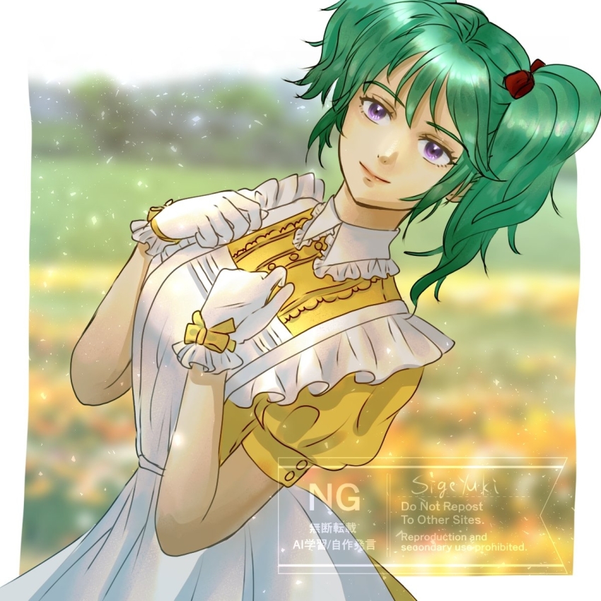 1girl blurry blurry_background char&#039;s_counterattack closed_mouth commentary_request dress english_text gloves green_dress green_hair gundam highres leaning_to_the_side looking_at_viewer mixed-language_text purple_eyes quess_paraya ribbon smirk watermark white_gloves yukki-16-june