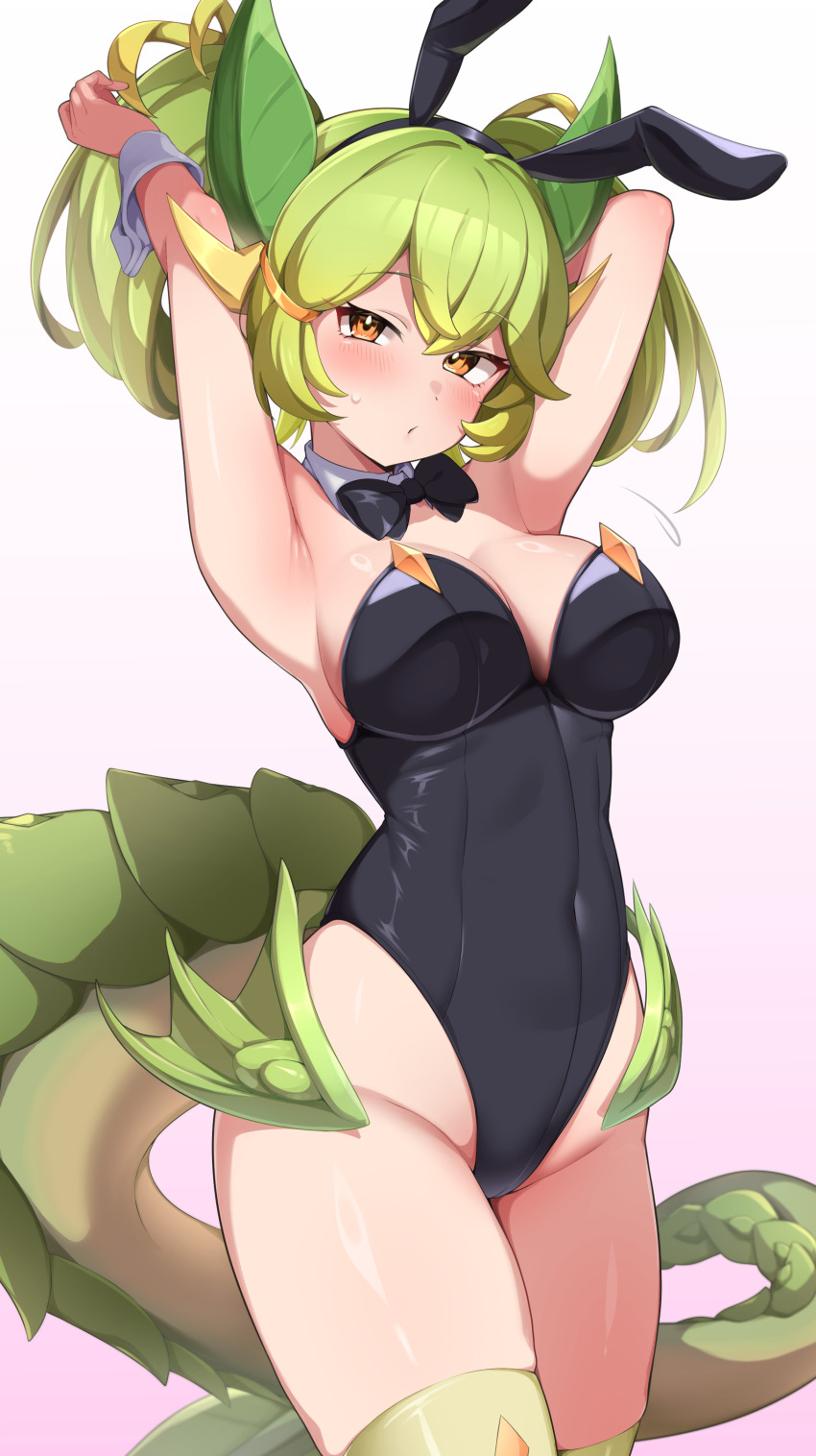 1girl absurdres animal_ears armpits arms_up bare_shoulders black_leotard breasts cleavage commentary covered_navel cowboy_shot dragon_girl dragon_horns dragon_tail duel_monster fake_animal_ears green_hair green_tail green_thighhighs green_wings heart highres horns large_breasts leotard long_hair low_wings mujin_(mujinzairaisen) parlor_dragonmaid playboy_bunny rabbit_ears simple_background solo strapless strapless_leotard tail thighhighs twintails white_background wings yellow_eyes yu-gi-oh!