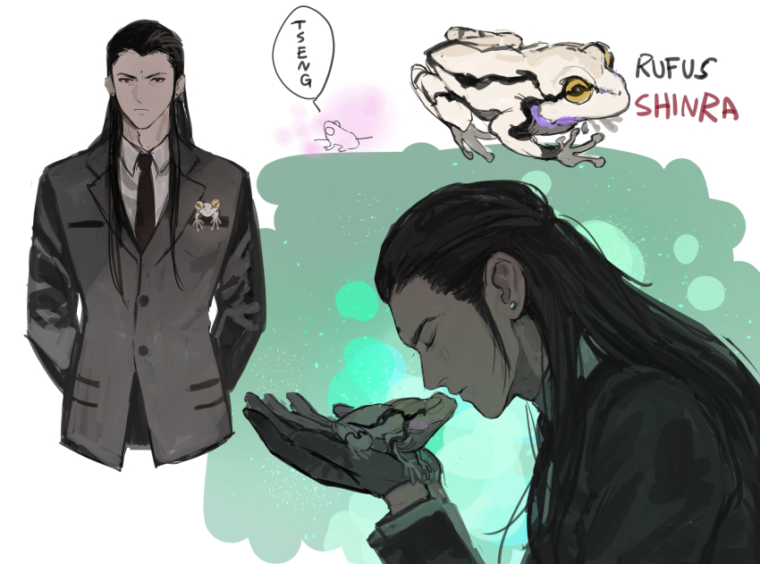 2boys animalization bindi black_hair black_jacket black_suit blush closed_eyes final_fantasy final_fantasy_vii final_fantasy_vii_rebirth final_fantasy_vii_remake formal_clothes frog gloves hair_pulled_back highres imminent_kiss jacket long_hair long_sleeves male_focus multiple_boys multiple_views rufus_shinra shou_rou suit suit_jacket tseng yaoi