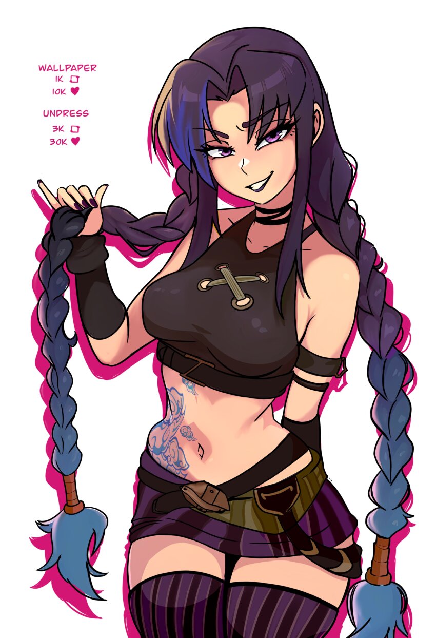 absurdres alternate_costume arcane:_league_of_legends arcane_jinx bare_shoulders belt black_choker black_gloves blackfire braid breasts choker crop_top dc_comics detached_sleeves gloves grin highres jinx_(league_of_legends) league_of_legends lipstick long_hair looking_at_viewer makeup miniskirt nail_polish navel purple_eyes redpostit simple_background skirt smile tattoo teen_titans thighhighs thighs twin_braids white_background zettai_ryouiki