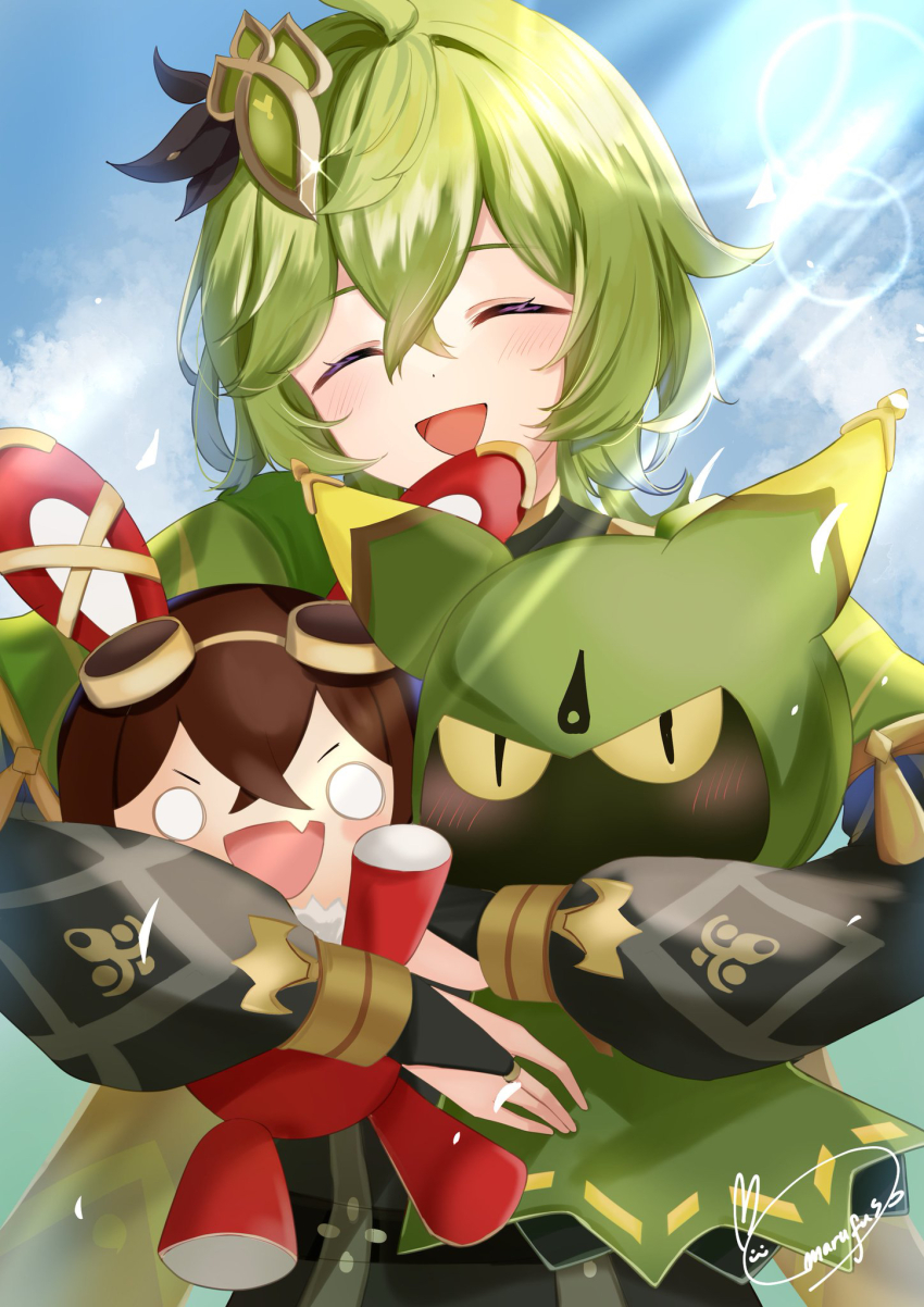1girl baron_bunny_(genshin_impact) black_dress blush capelet closed_eyes collei_(genshin_impact) cuilein-anbar_(genshin_impact) dress genshin_impact green_capelet green_hair hair_between_eyes hair_ornament highres holding jewelry long_hair long_sleeves marufus open_mouth smile