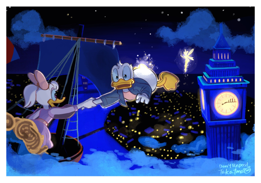 1boy 2girls blue_eyes bow city_lights cityscape company_connection daisy_duck disney donald_duck duck_boy duck_girl elizabeth_tower fairy fairy_wings flying furry mickey_mouse_&amp;_friends multiple_girls night night_sky open_mouth pirate_ship ponytail shirt short_hair short_ponytail sky takatmaorange tinker_bell_(disney) walt_disney&#039;s_peter_pan wings