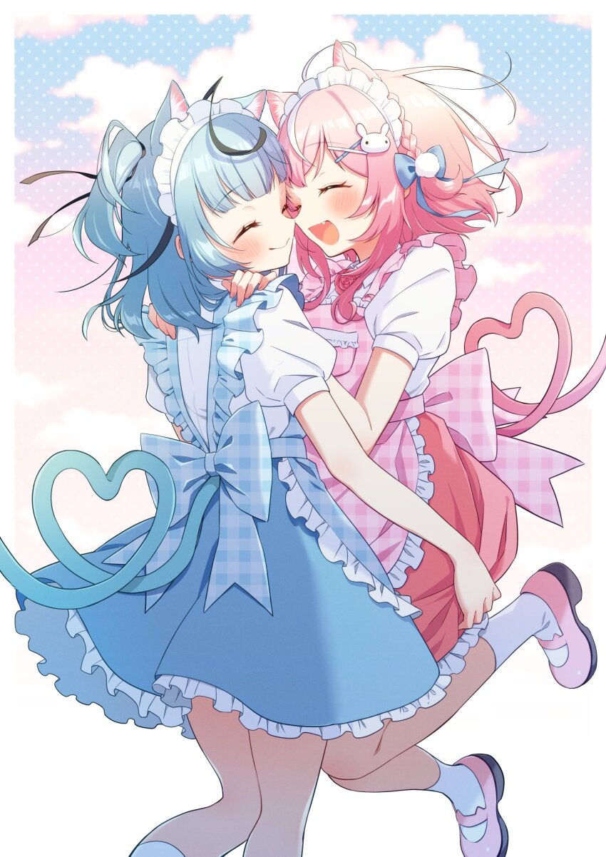2girls animal_ears apron black_hair blue_apron blue_hair blue_skirt blush cat_ears cat_girl cat_tail closed_eyes closed_mouth commentary_request full_body heart heart_tail highres jumping multicolored_hair multiple_girls nijisanji nijisanji_kr open_mouth pink_apron pink_hair pink_shoes pink_skirt plaid_apron plaid_clothes pocket puffy_short_sleeves puffy_sleeves ryu_hari shirt shoes short_hair short_sleeves skirt smile socks streaked_hair tail tomohishi_(22) virtual_youtuber white_shirt white_socks yang_nari