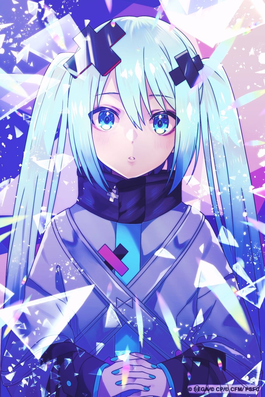 1girl aqua_eyes aqua_hair aqua_nails batsu_miku blush grey_jacket hair_between_eyes hair_ornament hatsune_miku highres holding_hands jacket kowareta_sekai_to_utaenai_miku long_hair long_sleeves looking_at_viewer nurimas parted_lips project_sekai rei_murder_(zeromada) sleeves_past_wrists solo turtleneck turtleneck_jacket twintails very_long_hair vocaloid wide_sleeves x_hair_ornament