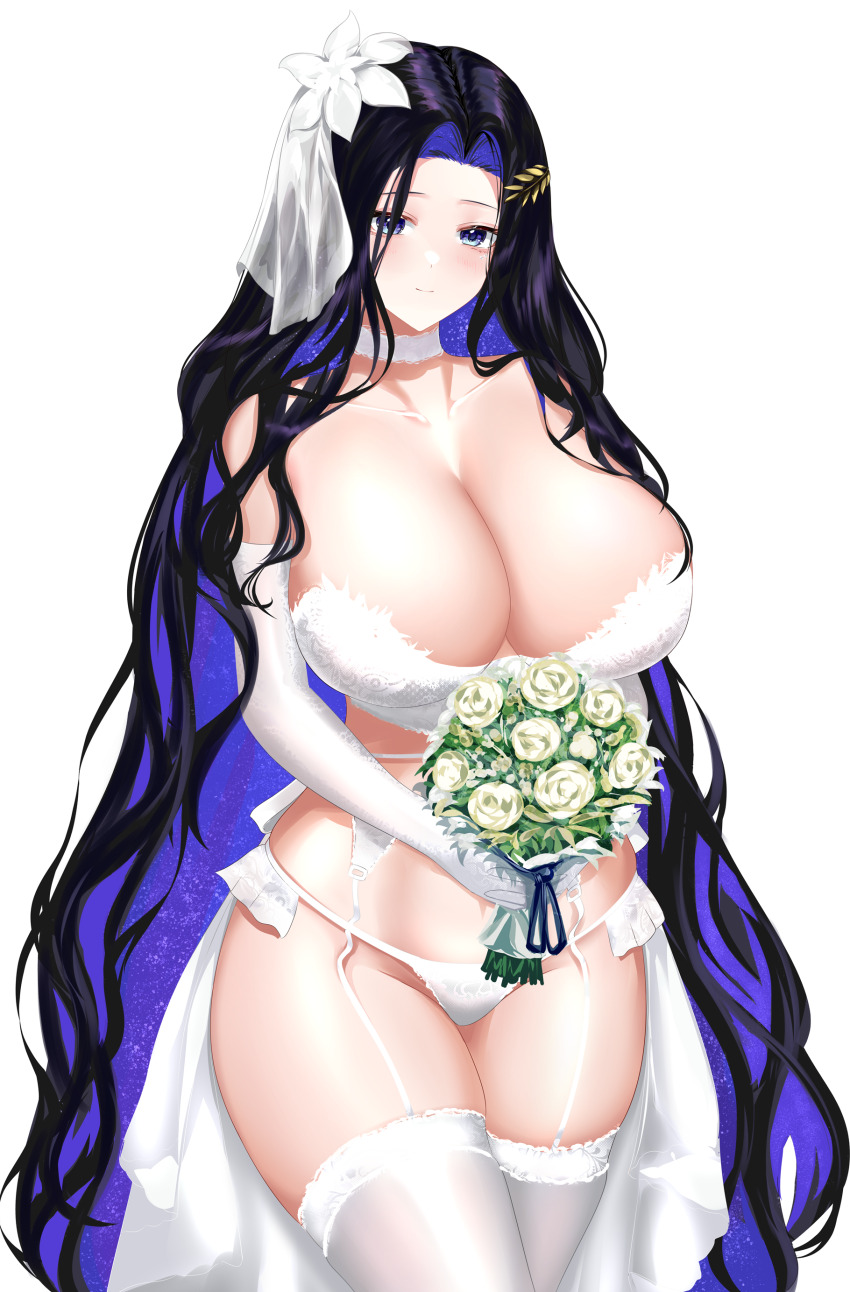 1girl absurdres bag bare_shoulders bikini black_hair blue_eyes blue_ribbon bouquet breasts bridal_legwear bridal_lingerie brown_dust_(series) brown_dust_2 choker cleavage closed_mouth collarbone colored_inner_hair commentary curly_hair eclipse_(brown_dust_2) elbow_gloves flower garter_belt gloves hair_flower hair_ornament hair_over_one_eye hair_ribbon highres holding holding_bouquet lace lace-trimmed_thighhighs lace_trim large_breasts lingerie long_hair looking_at_viewer multicolored_hair panties purple_hair ribbon rose showgirl_skirt skirt solo standing swimsuit thigh_strap thighhighs two-tone_hair underwear very_long_hair white_choker white_flower white_garter_belt white_gloves white_panties white_rose white_thighhighs wilhelmina_bd2