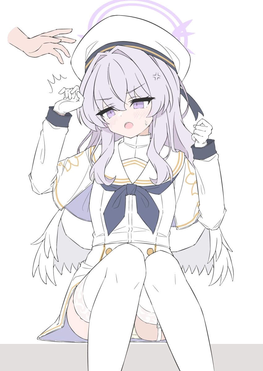 1girl anger_vein beret blue_archive blush cosplay disembodied_hand dress female_focus garter_straps gloves halo hat highres long_hair mizusaki_(kn27) neckerchief open_mouth panties pantyshot purple_eyes purple_hair purple_halo sailor_collar sitting sweatdrop tea_party_militant_(blue_archive) tea_party_militant_(blue_archive)_(cosplay) thighhighs underwear white_gloves white_thighhighs wings yellow_panties
