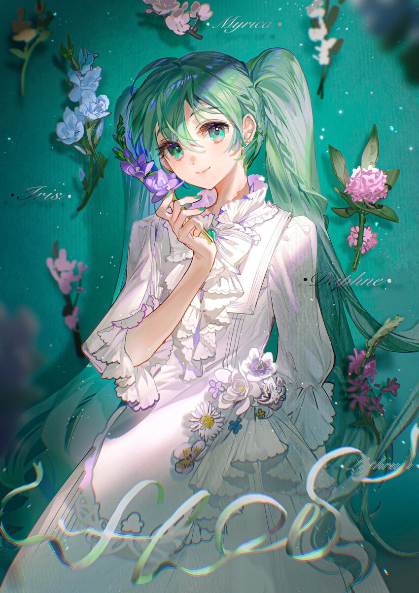 1girl aqua_background aqua_gemstone arm_behind_back blue_flower blurry bow braid brooch bud chromatic_aberration closed_mouth collared_dress depth_of_field dot_nose dress dress_flower earrings eyelashes fabric fingernails flos_(vocaloid) flower frilled_ribbon frilled_sleeves frills gem green_brooch green_eyes green_gemstone green_hair green_nails hair_between_eyes hand_up happy hatsune_miku head_tilt high_collar highres holding holding_flower jewelry leaf light_blush light_particles long_eyelashes long_hair long_sleeves looking_at_viewer neck_ribbon pink_flower puffy_long_sleeves puffy_sleeves purple_flower ribbon rumoon shadow sidelighting sidelocks simple_background smile solo song_name swept_bangs tareme text_focus twintails very_long_hair vocaloid waist_bow wavy_hair white_dress white_flower white_ribbon wide_sleeves yellow_flower
