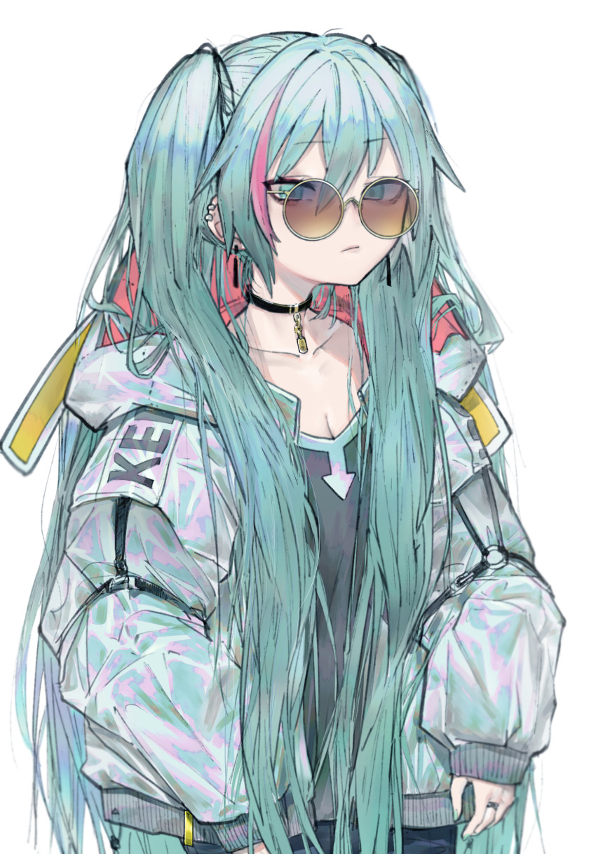 132_(bb32768) 1girl aqua_eyes aqua_hair aqua_nails black_choker black_shirt breasts choker cleavage closed_mouth commentary earclip earrings hatsune_miku highres holographic_clothing jacket jewelry long_hair long_sleeves multicolored_hair open_clothes open_jacket pink_hair round_eyewear shirt simple_background sleeves_past_wrists solo streaked_hair tinted_eyewear twintails very_long_hair vocaloid white_background