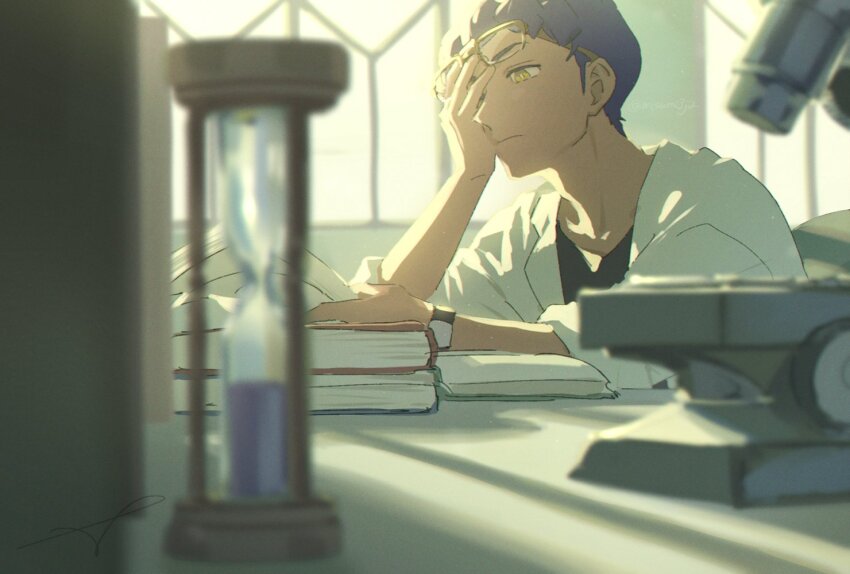 1boy aged_up blurry book bright_pupils closed_mouth coat creatures_(company) game_freak glasses hand_up holding hop_(pokemon) hourglass indoors looking_down male_focus microscope nintendo pokemon pokemon_swsh purple_hair reading sankaku short_hair slice_of_life solo watch white_coat white_pupils window wristwatch yellow_eyes