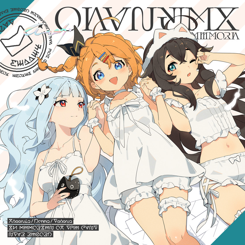 3girls :d ahoge album_cover aqua_eyes bare_shoulders black_hair bloomers blue_eyes blue_hair blunt_bangs blush braid breasts camisole collarbone cover crown_braid donna_(stella_sora) dress freesia_(stella_sora) game_cg hair_ornament hairclip headband highres holding_hands long_hair looking_at_another looking_at_viewer lying medium_breasts midriff multiple_girls navel non-web_source official_alternate_costume official_art on_back one_eye_closed open_mouth orange_hair parallel_hairclips post_haste_(stella_sora) red_eyes short_hair side_braid sidelocks sleeveless sleeveless_dress smile stella_sora teresa_(stella_sora) underwear very_long_hair wavy_hair white_bloomers white_camisole white_dress white_headband