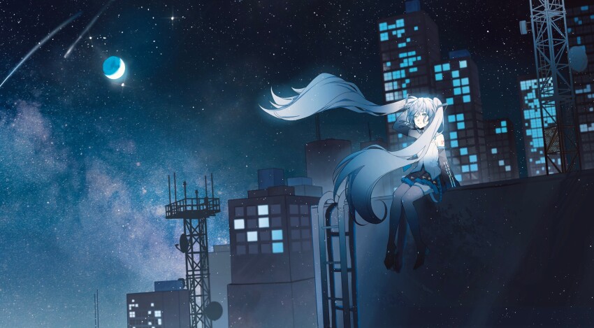 1girl absurdly_long_hair absurdres bare_shoulders blue_eyes blue_hair building constellation crescent_moon crying detached_sleeves floating_hair hair_ornament hatsune_miku highres long_hair moon night night_sky shooting_star sitting skirt sky solo star_(sky) starry_sky starry_sky_print thighhighs twintails very_long_hair vocaloid yurun_(yurun_ume)