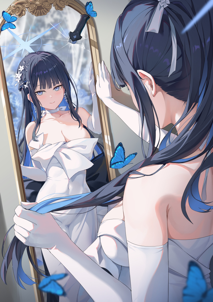 1girl absurdres bare_shoulders blue_archive blue_eyes blue_hair blue_halo breasts bug butterfly choker cleavage closed_mouth covered_navel dress earrings elbow_gloves gloves hair_ornament halo highres hokori_sakuni insect jewelry knife large_breasts long_hair mirror official_alternate_costume saori_(blue_archive) saori_(dress)_(blue_archive) smile solo white_choker white_dress white_gloves