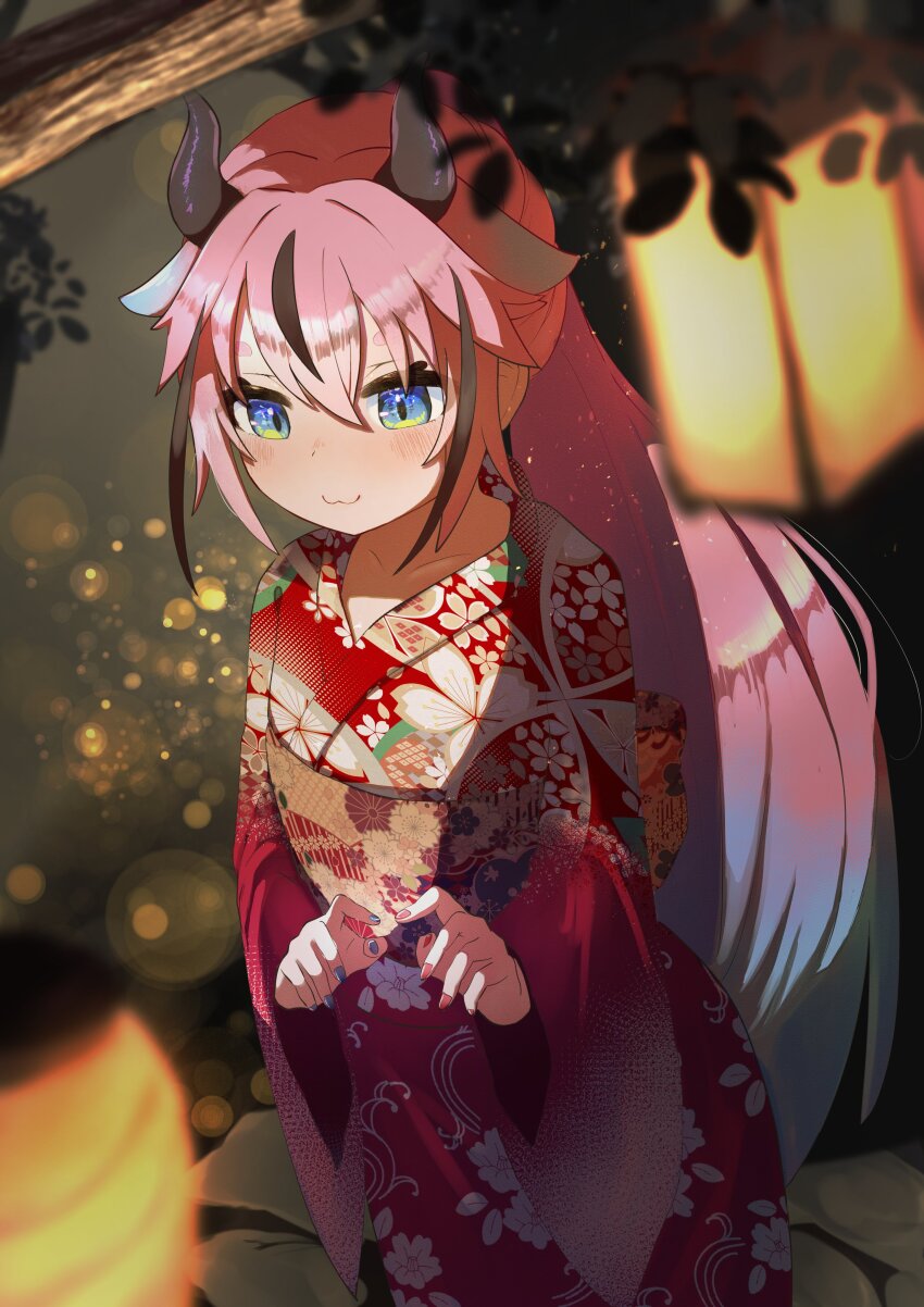 1other :3 absurdres alternate_costume alternate_hairstyle blue_eyes blue_hair blue_nails blurry blurry_foreground bracelet brown_horns brown_streaks closed_mouth collarbone commentary_request cowboy_shot dutch_angle floral_print from_above gradient_hair green_eyes gynoid_talk hair_between_eyes highres horns japanese_clothes jewelry kimono lantern light_particles long_hair looking_ahead meika_hime multicolored_eyes multicolored_hair nail_polish obi outdoors paper_lantern pink_hair ponytail print_kimono red_kimono red_nails sabiaji_(gama_ou) sash short_eyebrows smile solo standing streaked_hair two-tone_eyes vocaloid wide_sleeves yukata