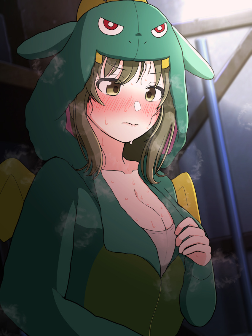 1girl animal_costume blush breasts cleavage collarbone dragon_costume green_hair highres hondy_(user_gcxa2842) hood hood_up idolmaster idolmaster_shiny_colors large_breasts looking_ahead nanakusa_nichika official_alternate_costume solo steaming_body sweat upper_body
