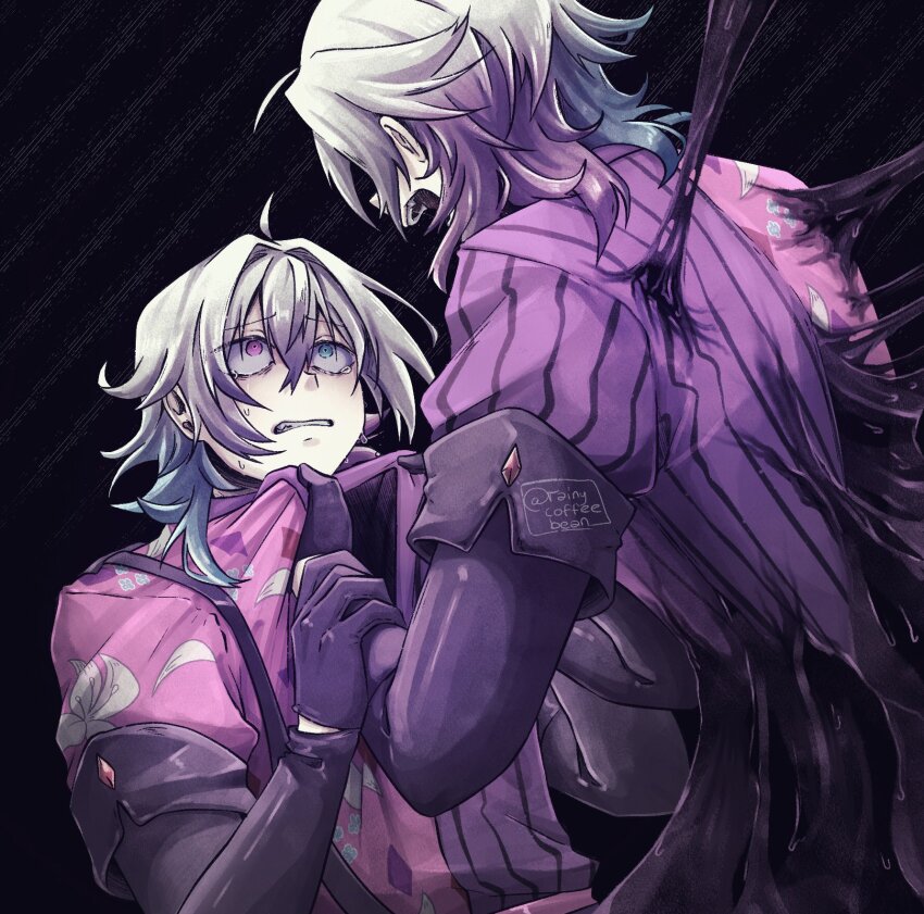2boys angry argyle_clothes argyle_coat black_gloves blue_eyes blue_hair clothes_pull coat commentary crying crying_with_eyes_open dark_background english_commentary floral_print from_behind gavis_bettel gavis_bettel_(1st_costume) gloves grey_hair hair_between_eyes heterochromia highres holostars holostars_english horror_(theme) lily_print male_focus medium_hair melting multicolored_coat multicolored_hair multiple_boys open_mouth pink_eyes pink_hair rainycoffeebean scared striped_coat tears twitter_username upper_body vertical-striped_coat virtual_youtuber