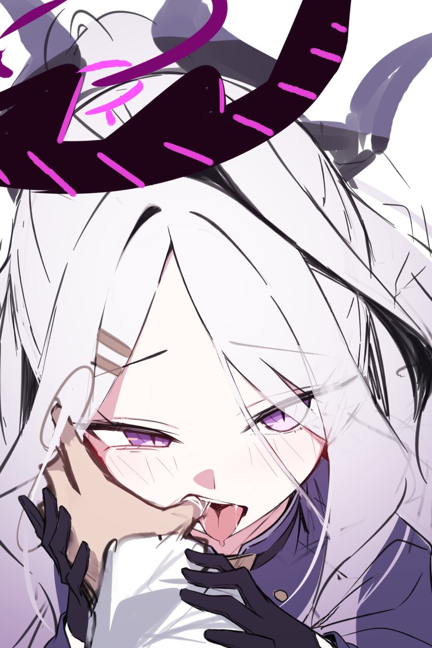 1girl absurdres black_gloves black_halo blue_archive blush finger_in_another&#039;s_mouth gloves halo highres hina_(blue_archive) horns long_hair looking_at_viewer mmhomm pov purple_eyes sketch solo_focus tongue tongue_out white_hair
