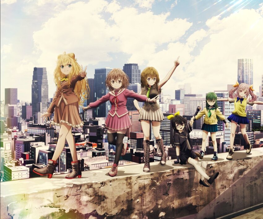 6+girls :d ahoge ankle_boots arm_support arm_up balancing black_boots black_gloves black_hair black_serafuku black_thighhighs blazer blonde_hair blue_bow blue_bowtie blue_eyes blue_sailor_collar blue_shoes blue_skirt boots bow bowtie brown_eyes brown_hair brown_jacket brown_skirt building cardigan city cityscape closed_mouth cloud cloudy_sky collared_shirt commentary_request cone_hair_bun day double_bun double_v fingerless_gloves frilled_skirt frills glasses gloves green_eyes green_hair green_neckerchief green_necktie grey_shirt hair_between_eyes hair_bow hair_bun hair_over_one_eye hand_on_own_hip high_heel_boots high_heels index_finger_raised jacket kasumi_renge kawazu_yuri knee_boots koudaiji_erika leg_up lens_flare loafers long_hair looking_at_viewer medium_hair miniskirt momentary_lily multiple_girls neck_ribbon neckerchief necktie official_art open_mouth orange_bow outdoors outstretched_arm outstretched_arms pink_eyes pink_hair pink_serafuku pink_shoes pleated_skirt ponytail purple_eyes red_ribbon ribbon sailor_collar sakuya_ayame school_uniform serafuku shirt shoes sidelocks sitting skirt sky skyscraper sleeveless sleeveless_shirt smile spread_arms sunlight sweater_vest thighhighs twintails usuzumi_hinageshi v walking white_shirt white_shoes white_thighhighs yellow_bow yellow_bowtie yellow_cardigan yellow_sweater_vest yoshino_sazanka zettai_ryouiki