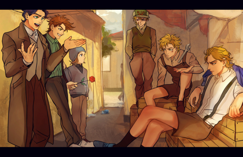 6+boys aged_down alley blonde_hair blue_hair box brown_hair caesar_anthonio_zeppeli child diego_brando dio_brando flower hat johnny_joestar jojo_no_kimyou_na_bouken jonathan_joestar joseph_joestar joseph_joestar_(young) kilva_lollop leaning_back letterboxed male_focus multiple_boys on_box overalls rose sitting sitting_on_box sitting_on_object steel_ball_run suspenders sweater_vest time_paradox wrench
